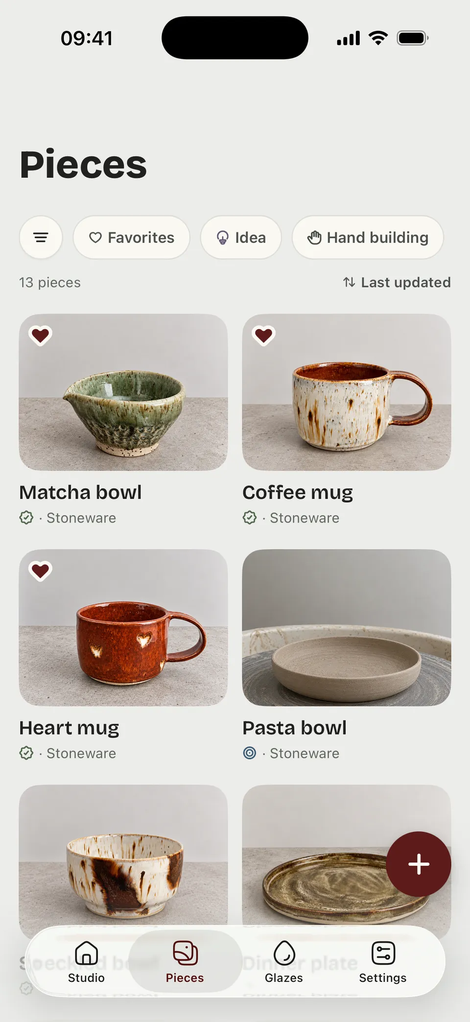 ClayCray’s Pieces list with pottery photos and progress. Sample studio data.