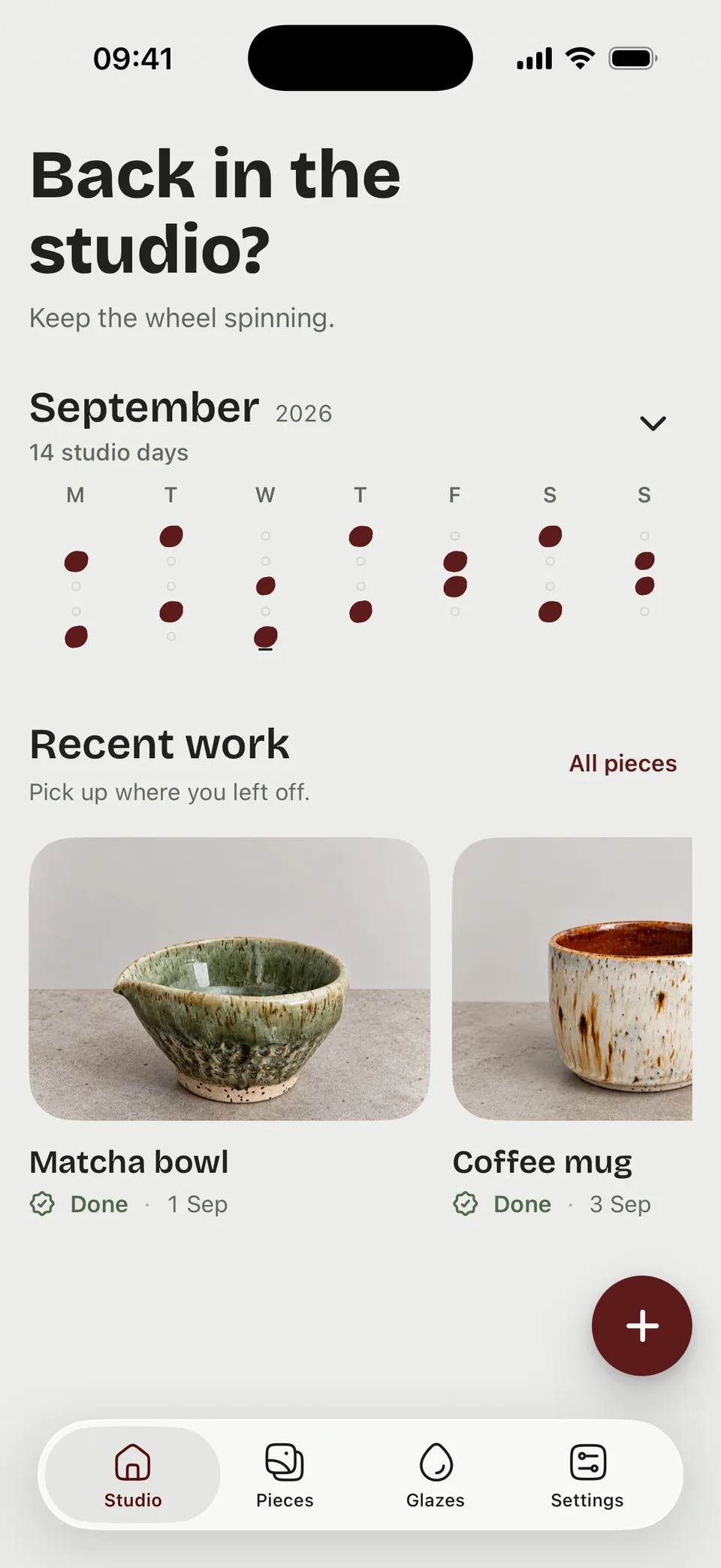 ClayCray Studio showing studio days and photos of pottery in progress. Sample studio data.